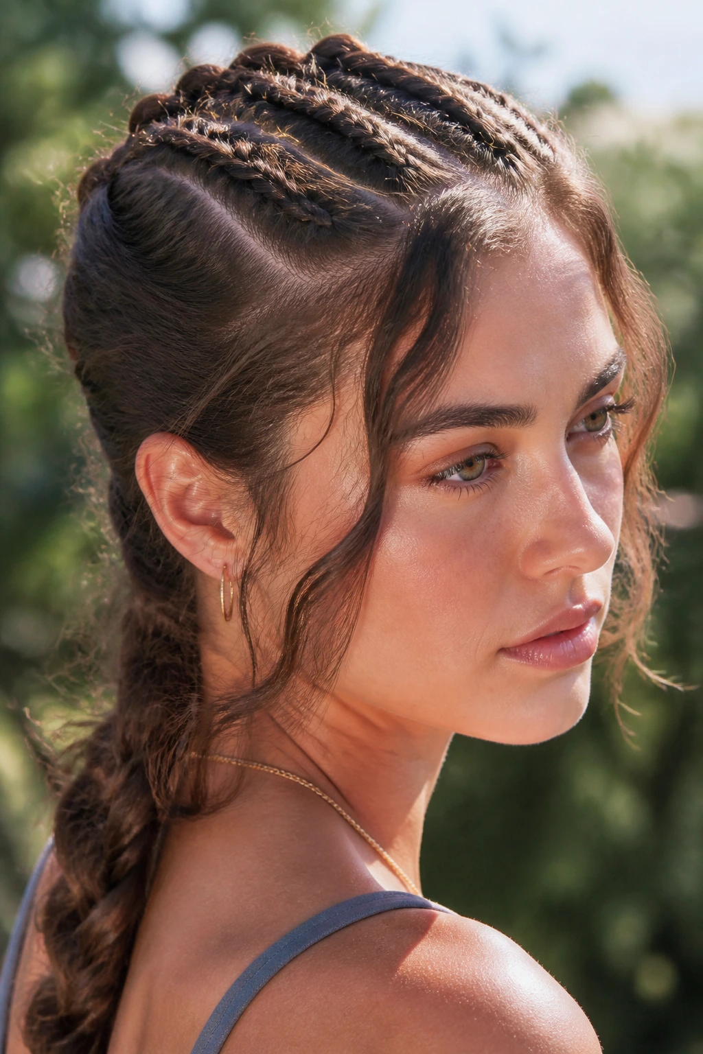 Real person with three front Dutch braids converging into a back braid