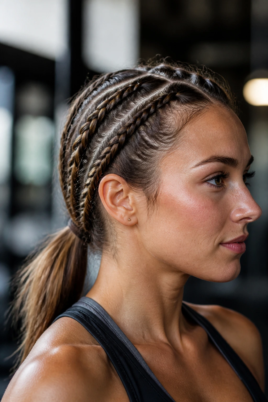 Close-up of a real woman with three French braids forming a low ponytail at the nape