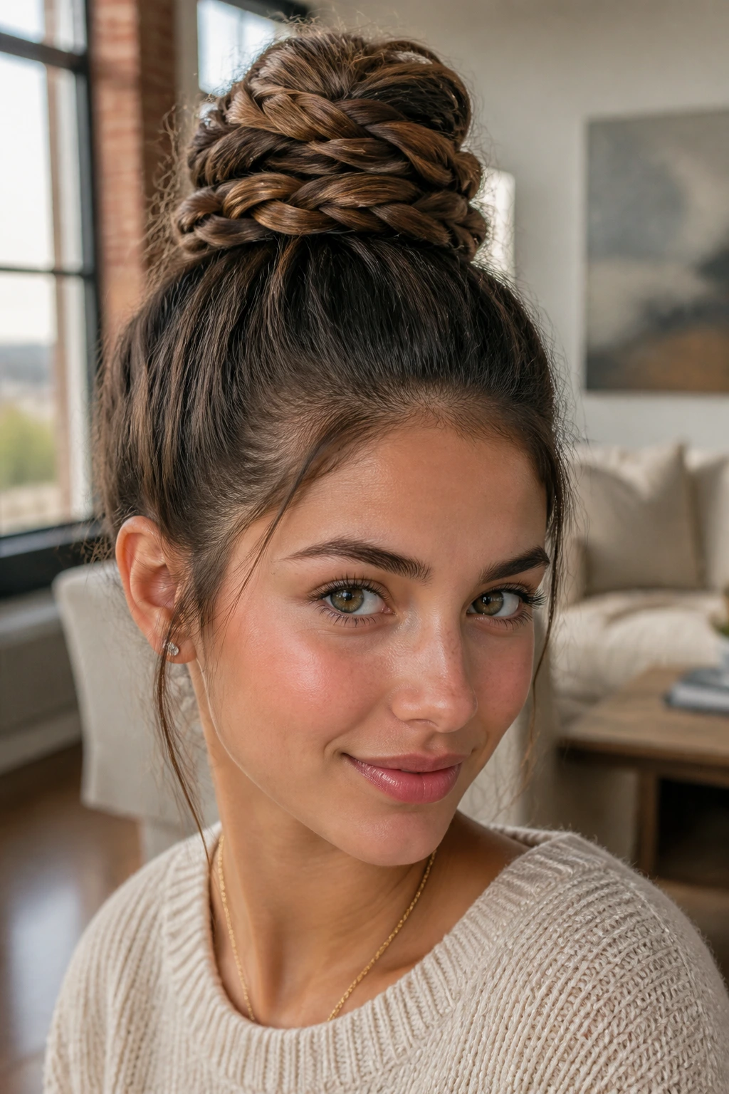 Close-up of a real woman with a triple-braided high bun in a bright loft