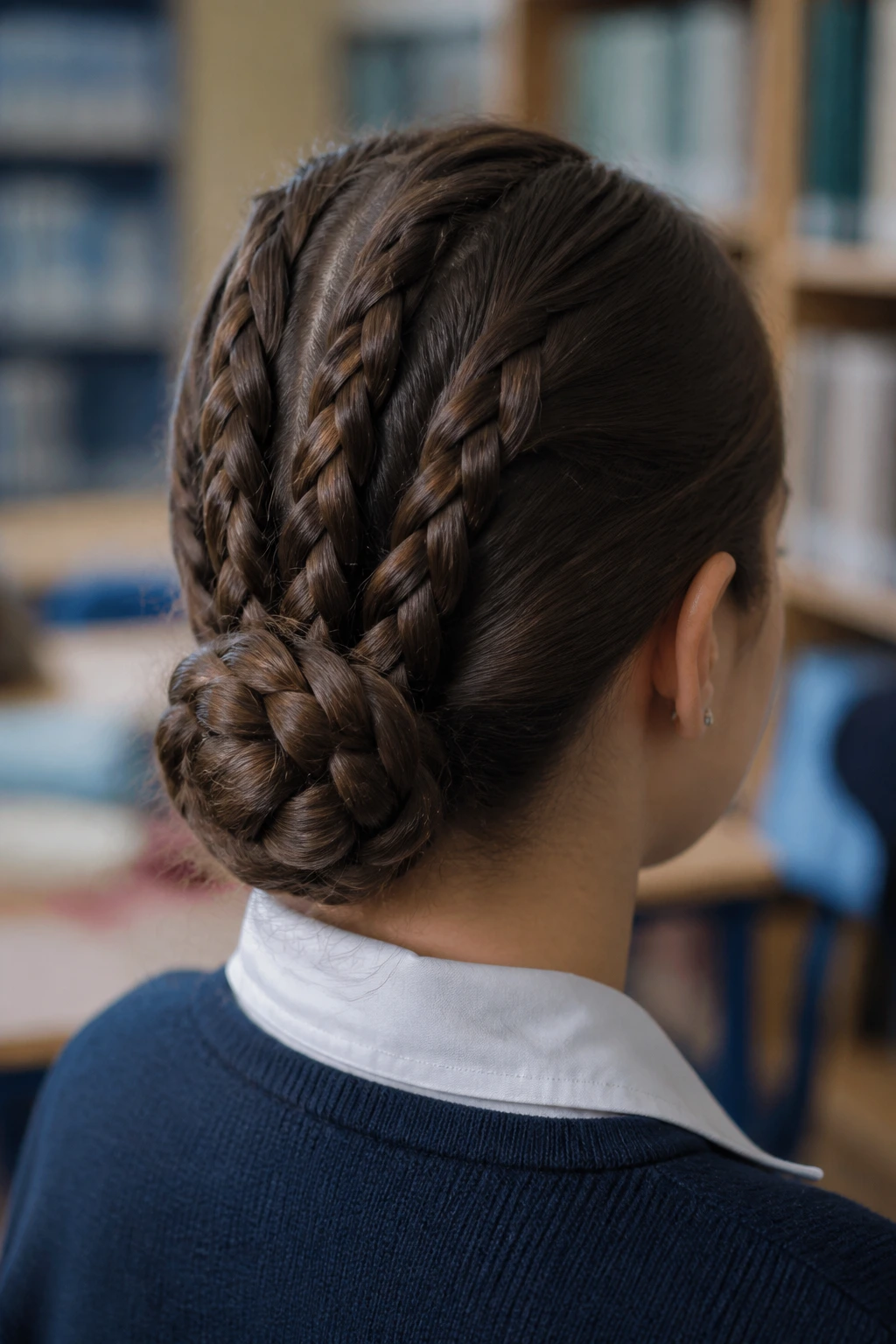 Close-up of a person with three braids wrapped into a low bun at the nape