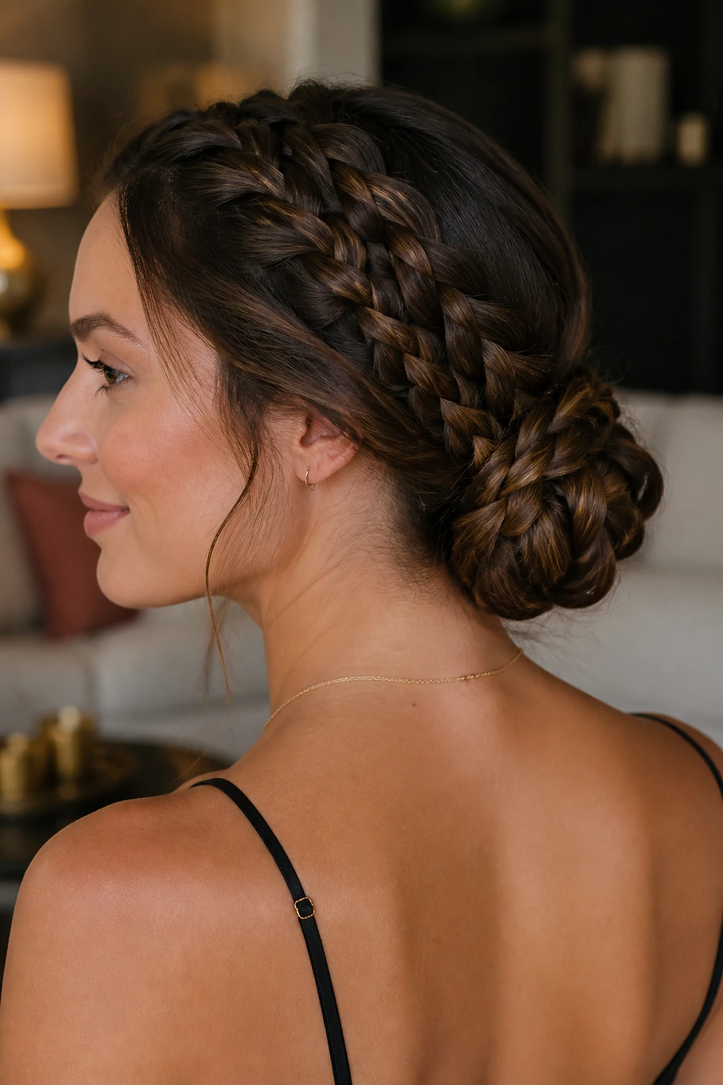 Close-up of a real woman with a triple braided low bun at the nape