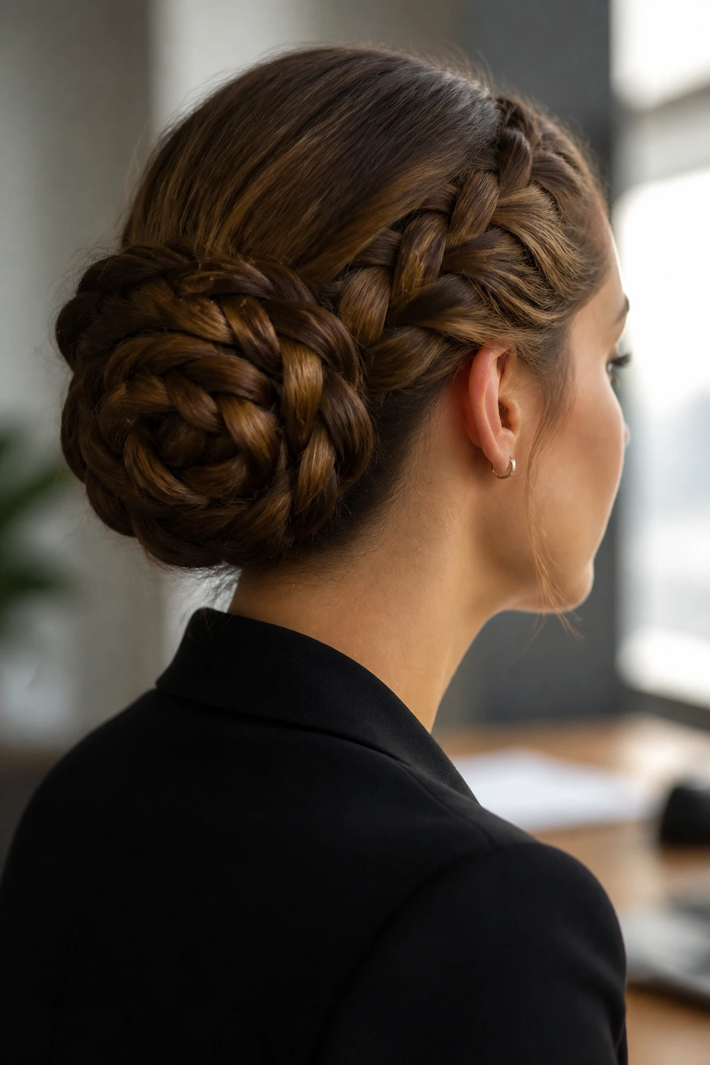 Real woman with a triple-braided low bun in an office setting