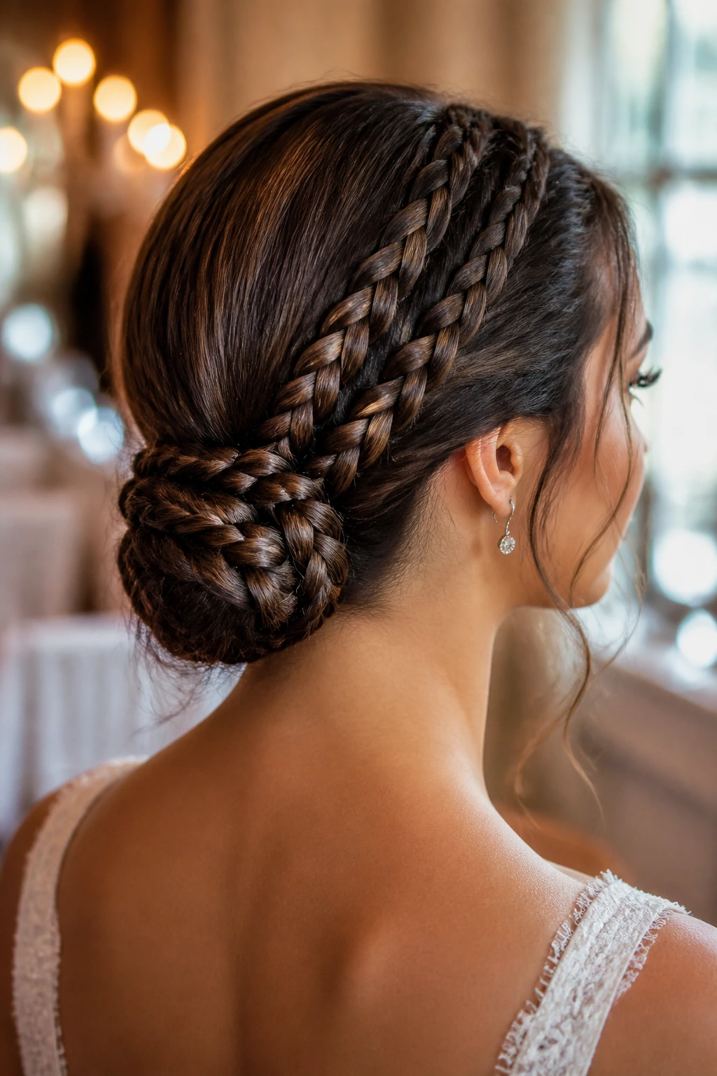 Close-up of a real woman with a triple braided low bun at the nape in a wedding setting