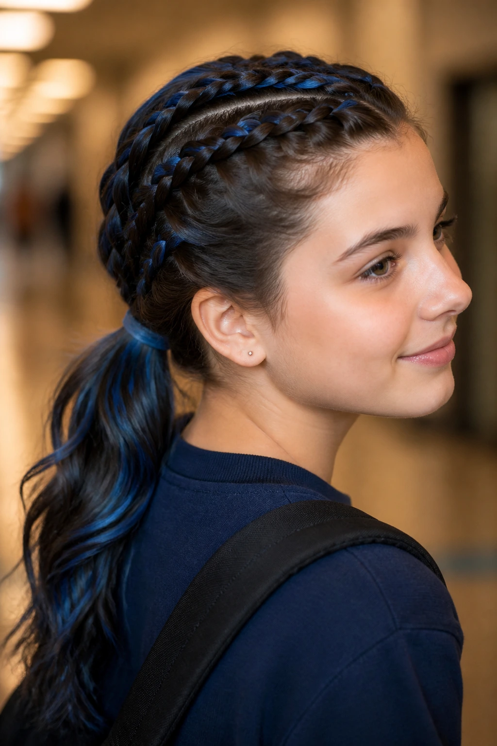 Close-up of a real person with three horizontal crown braids gathered into a low ponytail