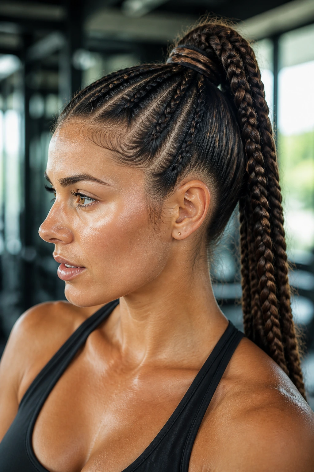 Close-up portrait of real woman with triple-braided high ponytail in gym