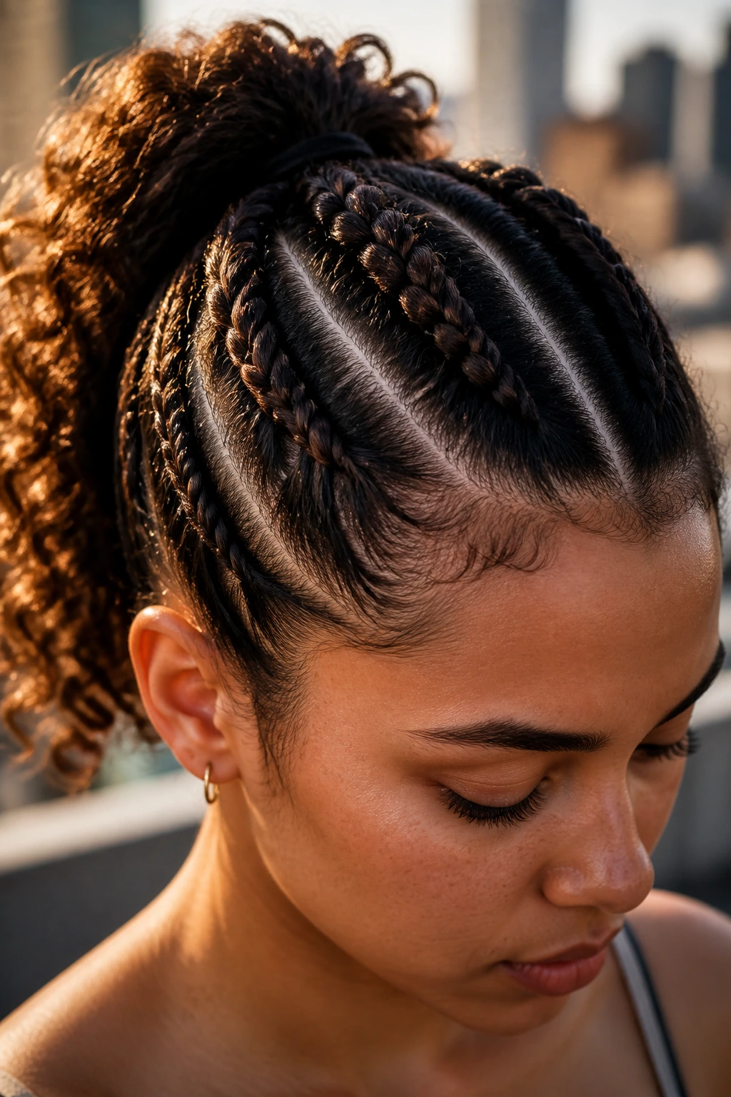 Close-up of a real woman with three braids converging into a ponytail