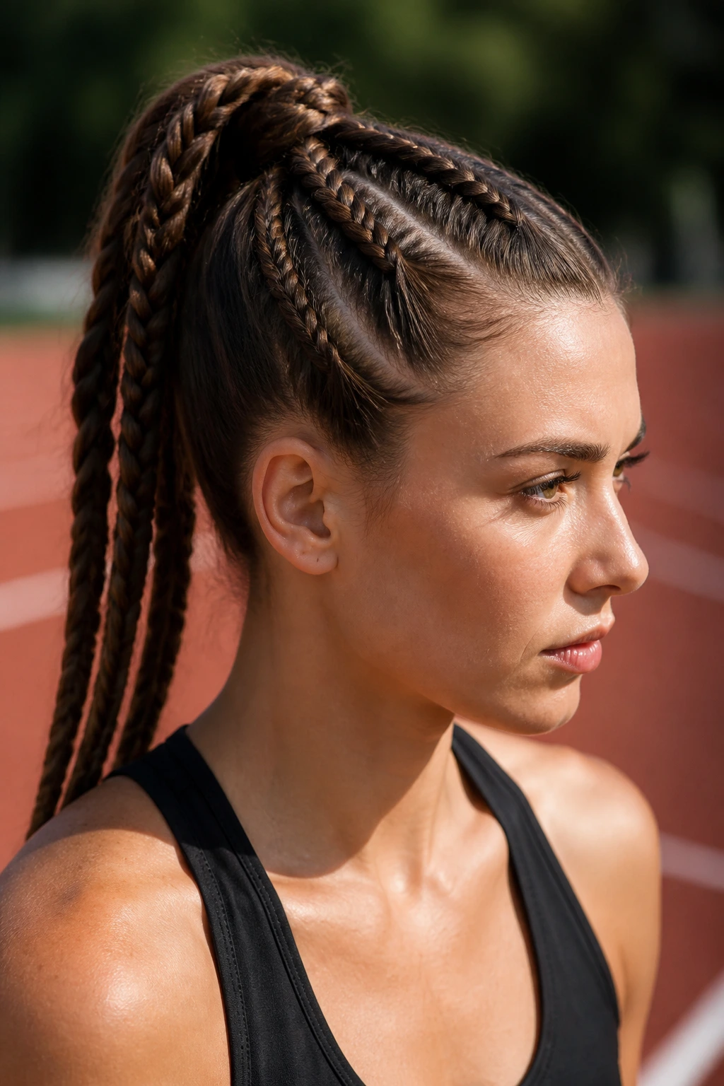 Close-up of a real woman with a triple-braided high ponytail on a sunny outdoor track
