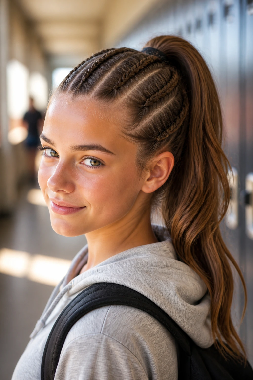Close-up of a real student with a triple-braided high ponytail in a school hallway