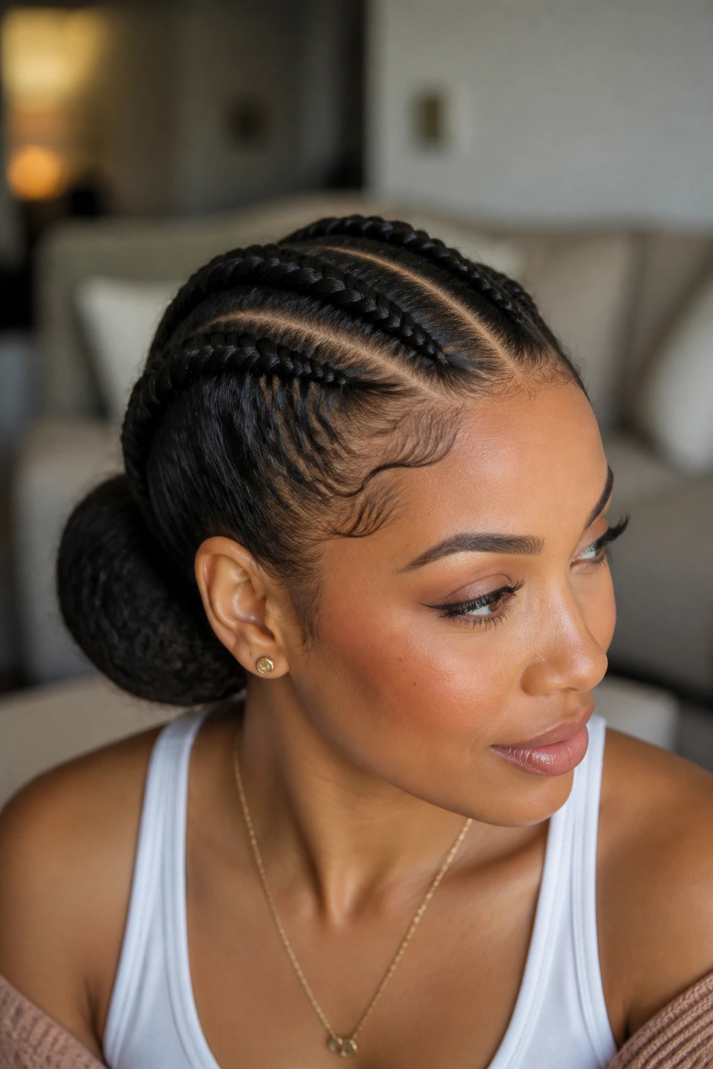 Close-up of three thick crown cornrows on a real woman with a low bun