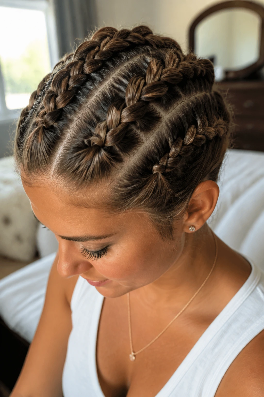Close-up of a woman with three parallel Dutch braids starting at the hairline.