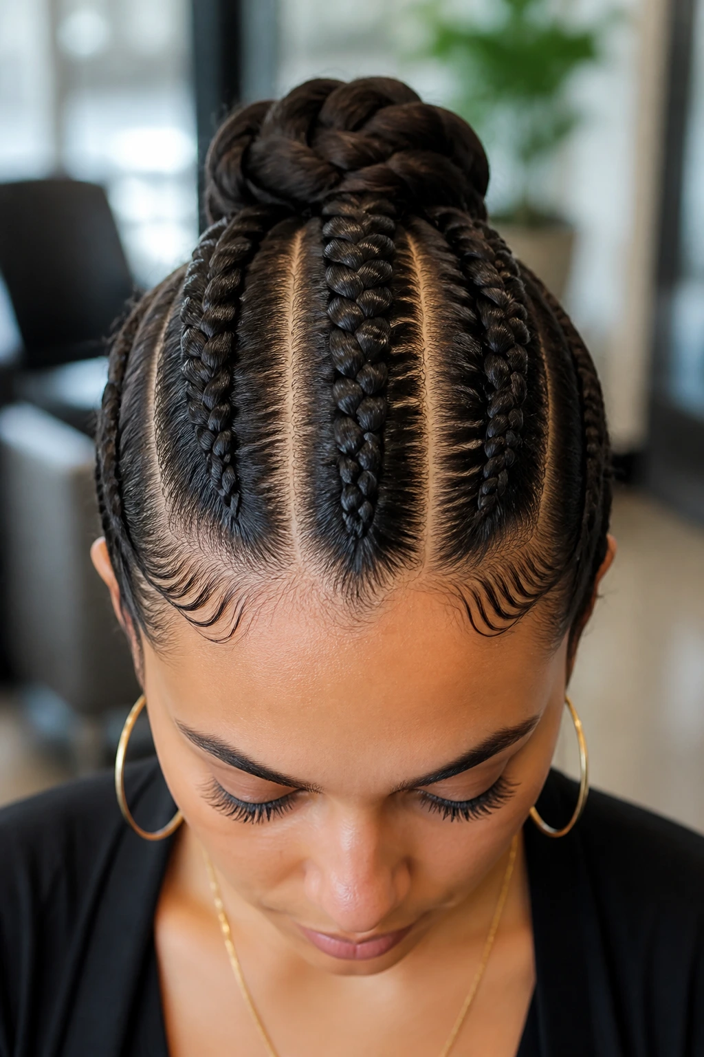 Close-up of triple French braids converging into a low bun on a real woman