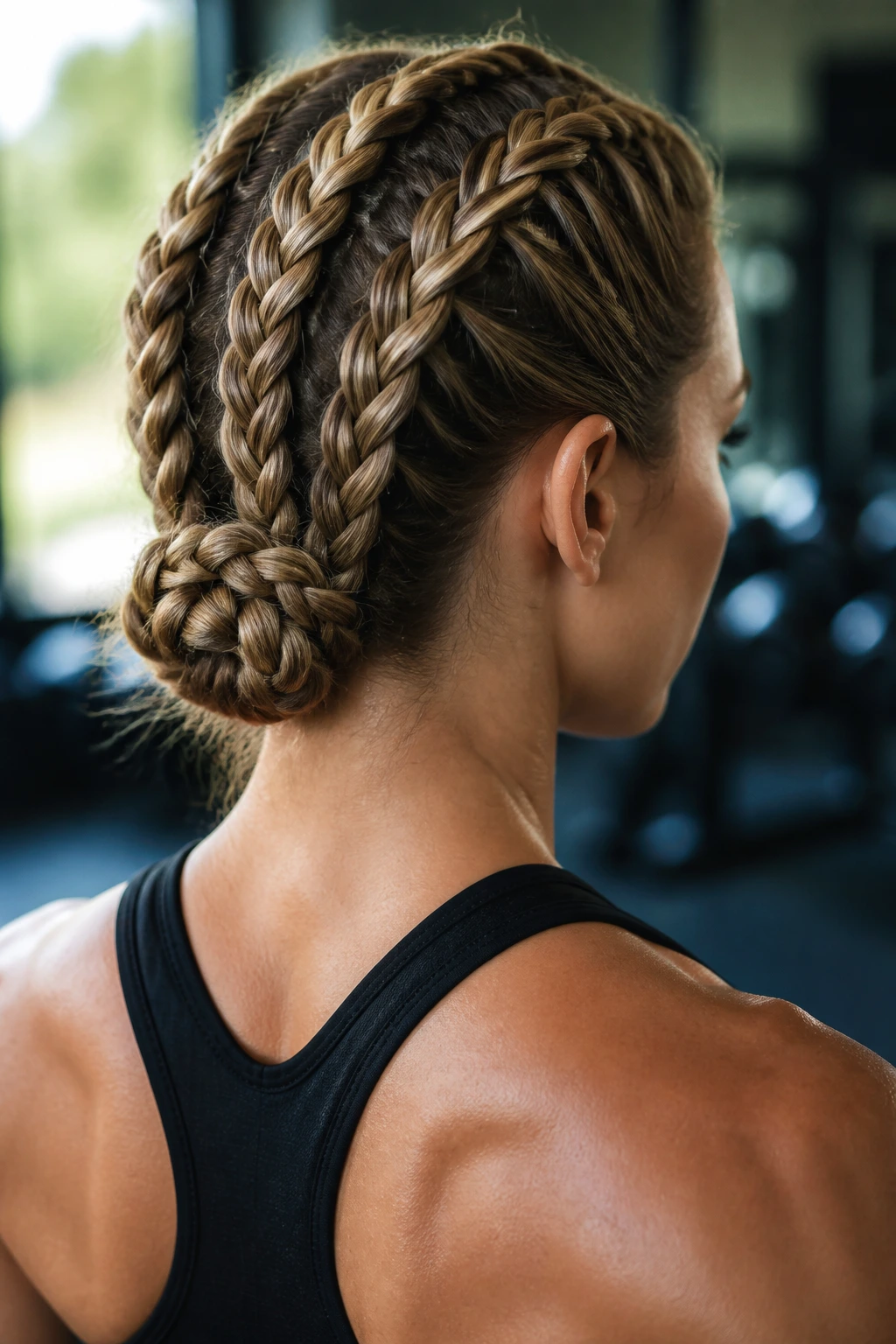 Close-up of a real woman wearing a triple French braid bun at the nape during a workout
