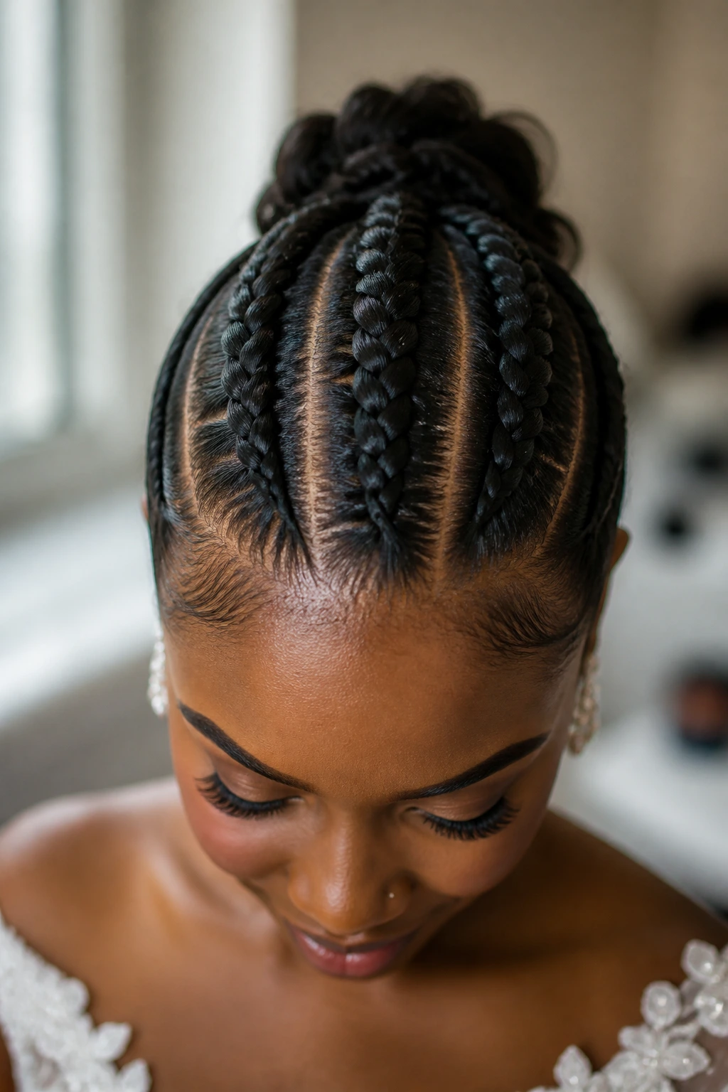 Close-up front-top view of a real bride with three parallel French braids along the hairline