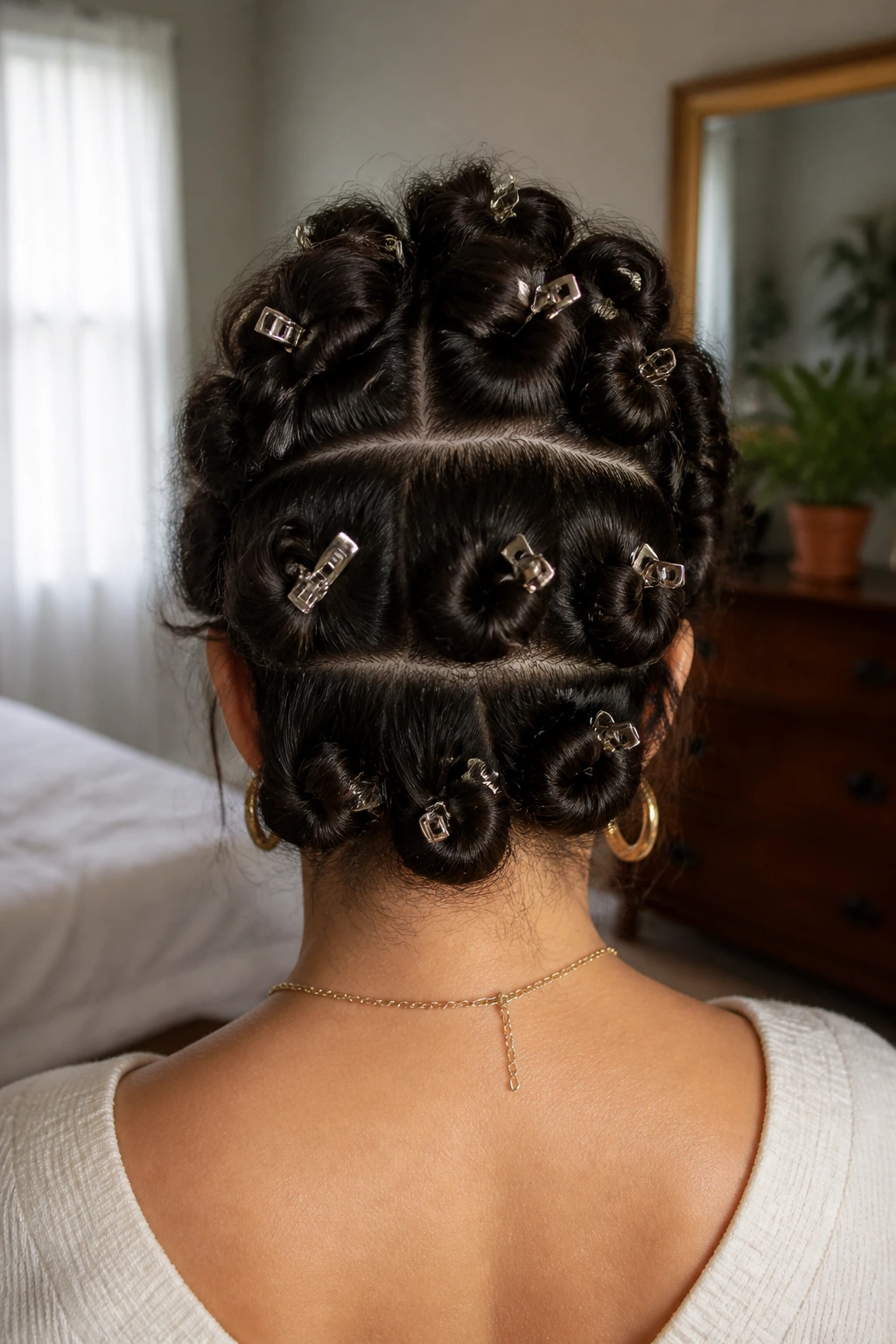 Back view of hair with three-layer pin curls on a real person.