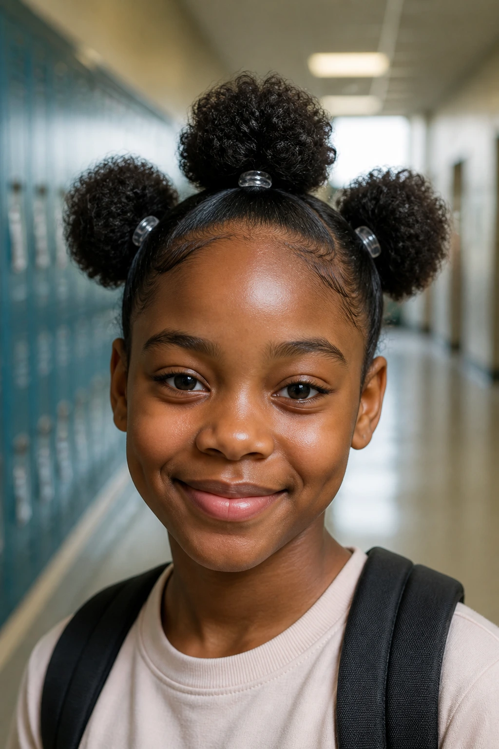 Close-up of student with three triangle puff hairstyle in natural light