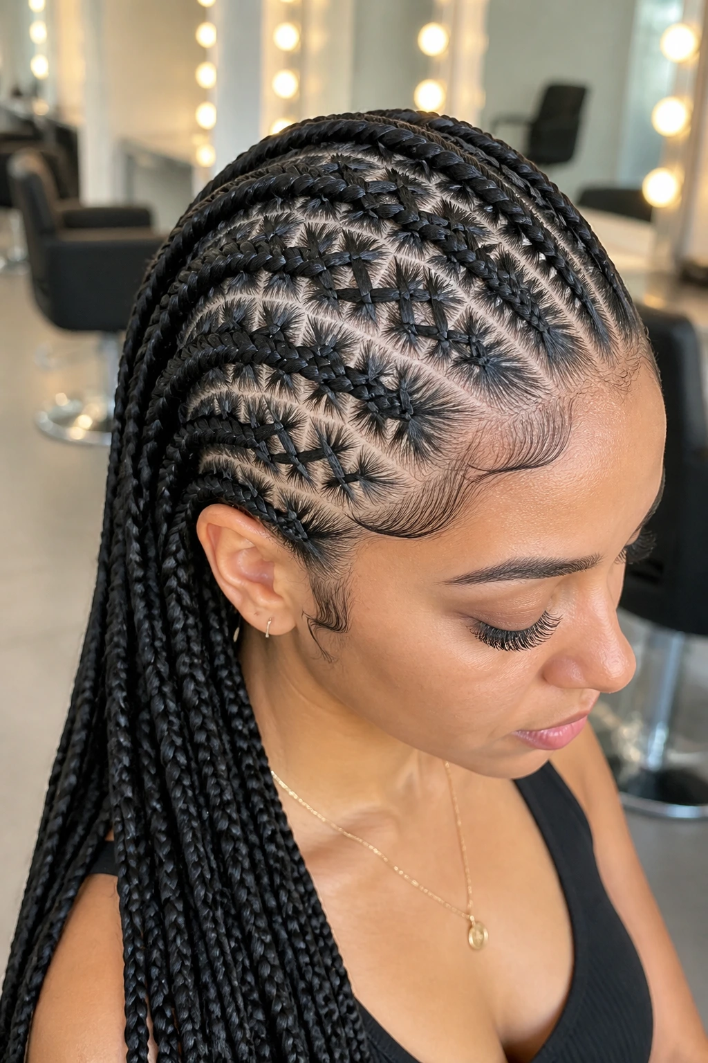 Portrait of real woman with front criss-cross braid pattern and straight-back braids