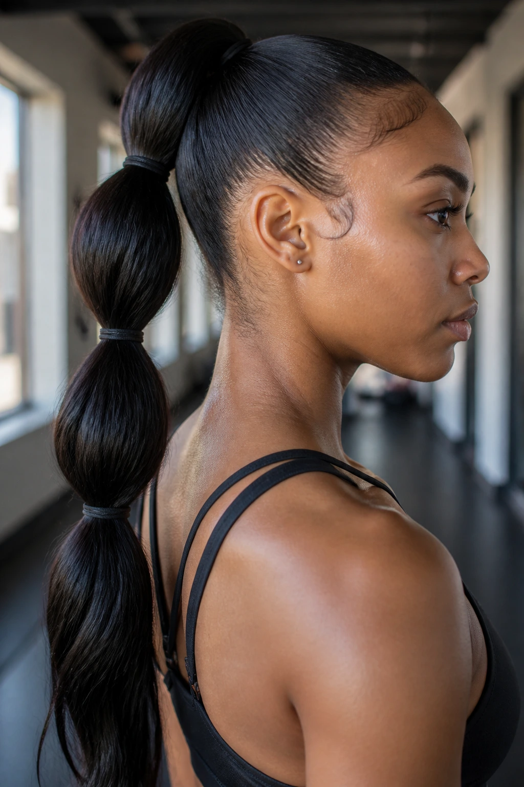 Close-up of a long sew-in ponytail with three sections for a sporty hairstyle