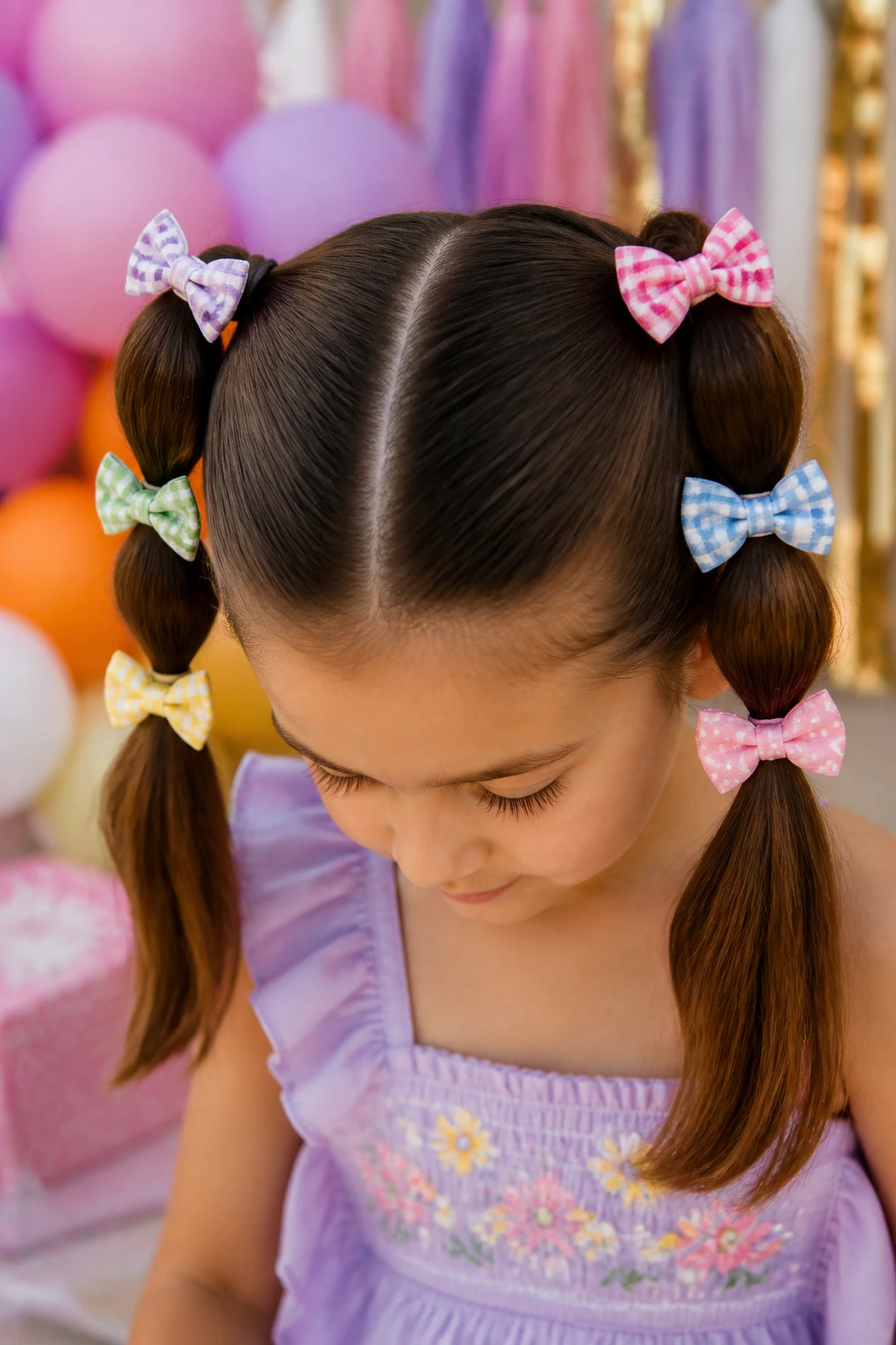 Child with two pigtails featuring stacked bows along the length