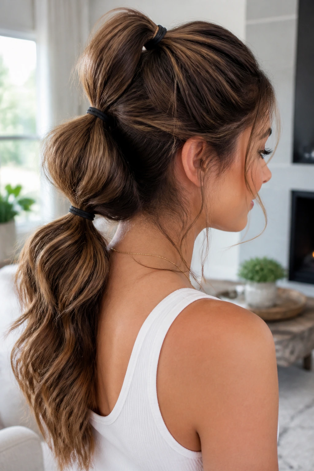 Portrait of a real woman with three stacked ponytails at the crown