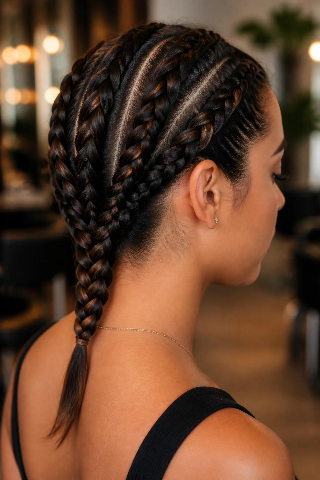 Close-up of a real woman with three crown braids joining into one at the nape