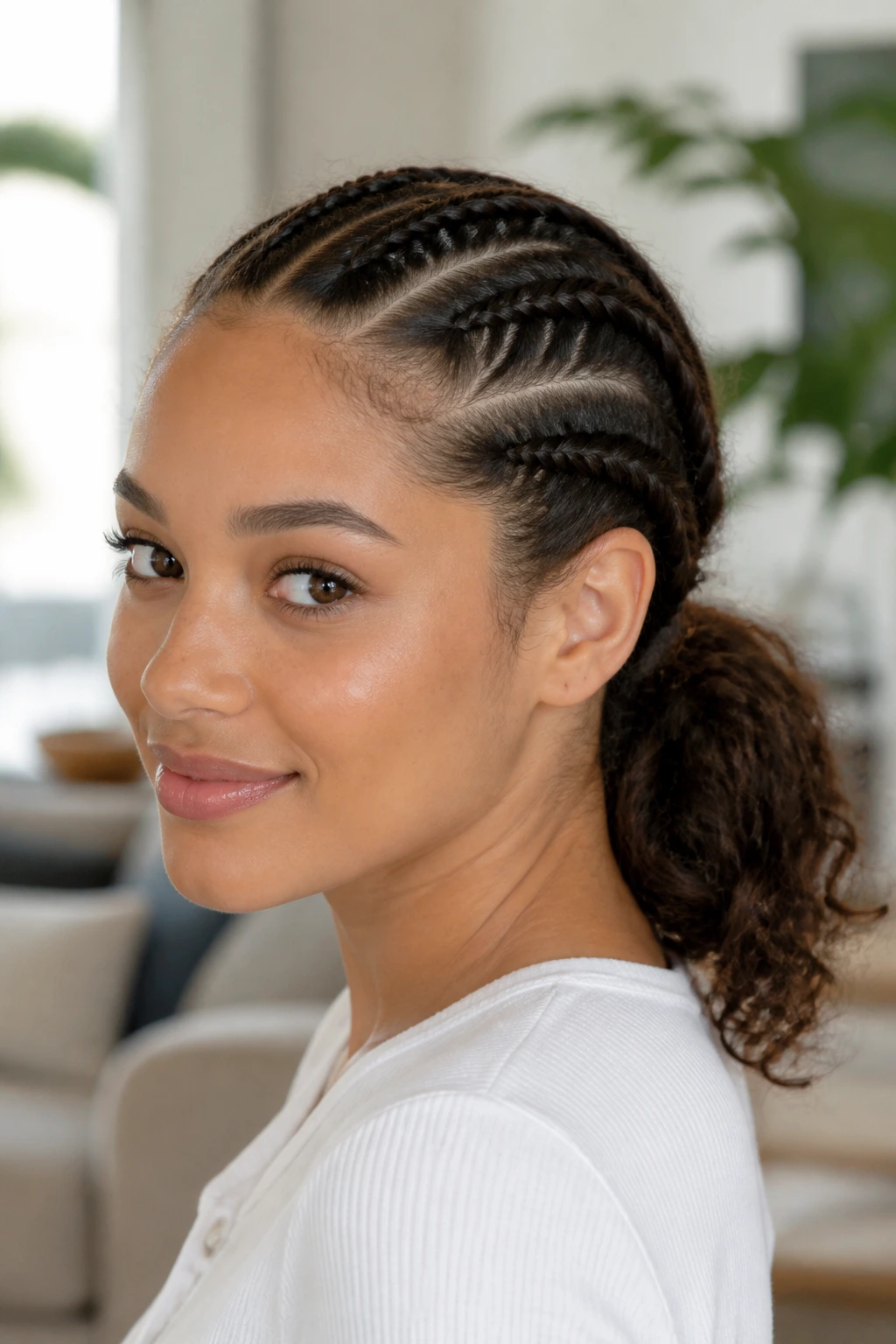 Close-up of a real woman with three braids across the crown