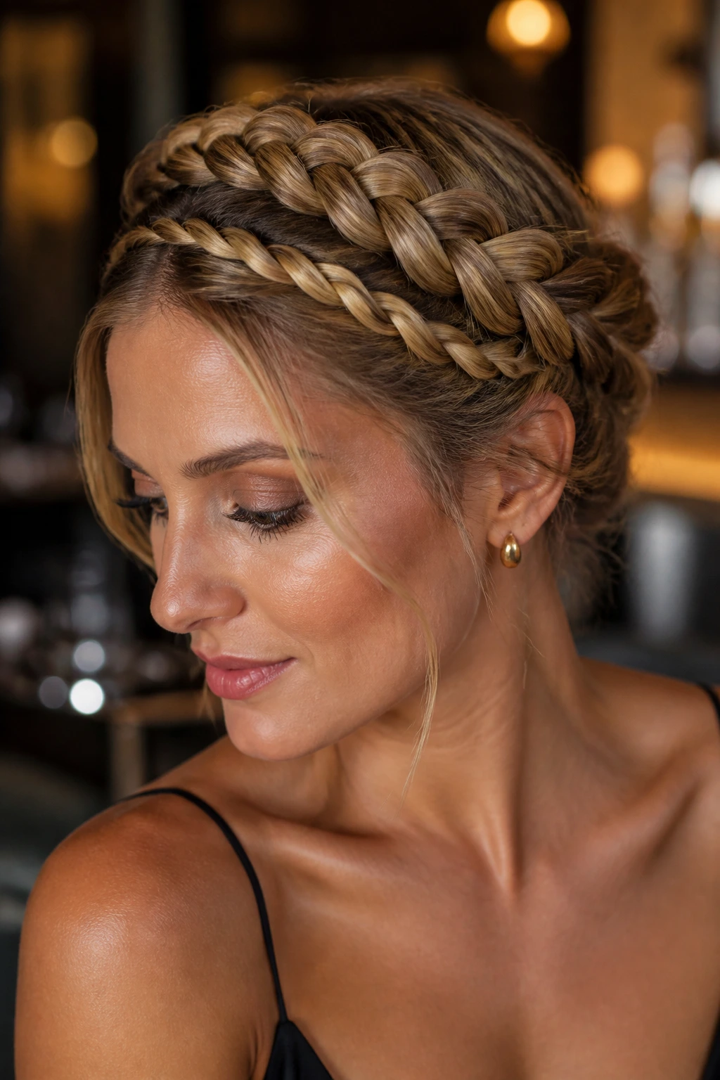 Close-up of a real woman with three braids forming a large crown