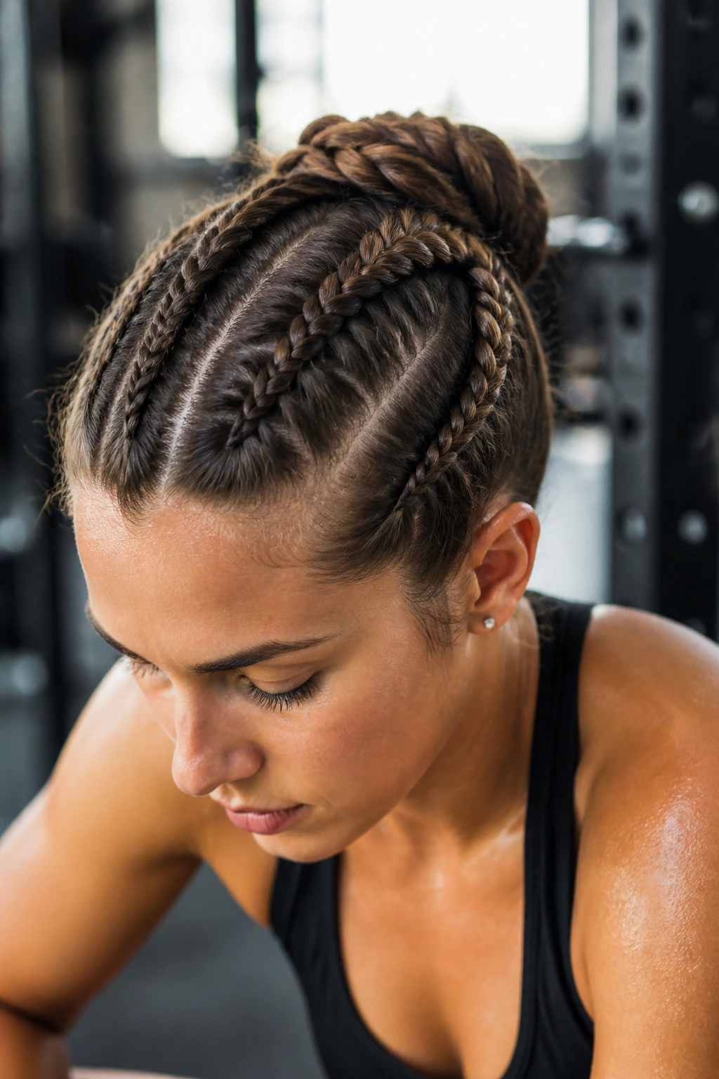 Close-up of a real person with three front Dutch braids merging into a single thick braid