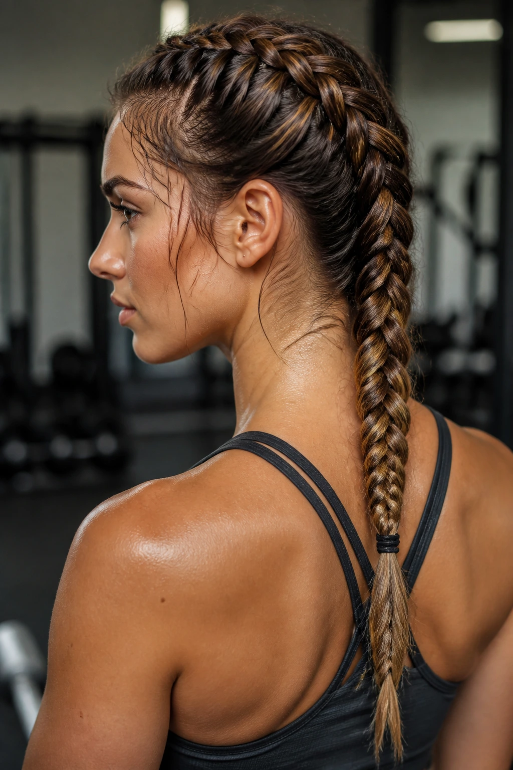 Close-up of a real person with three braid styles (French, rope, fishtail) in a workout setting.