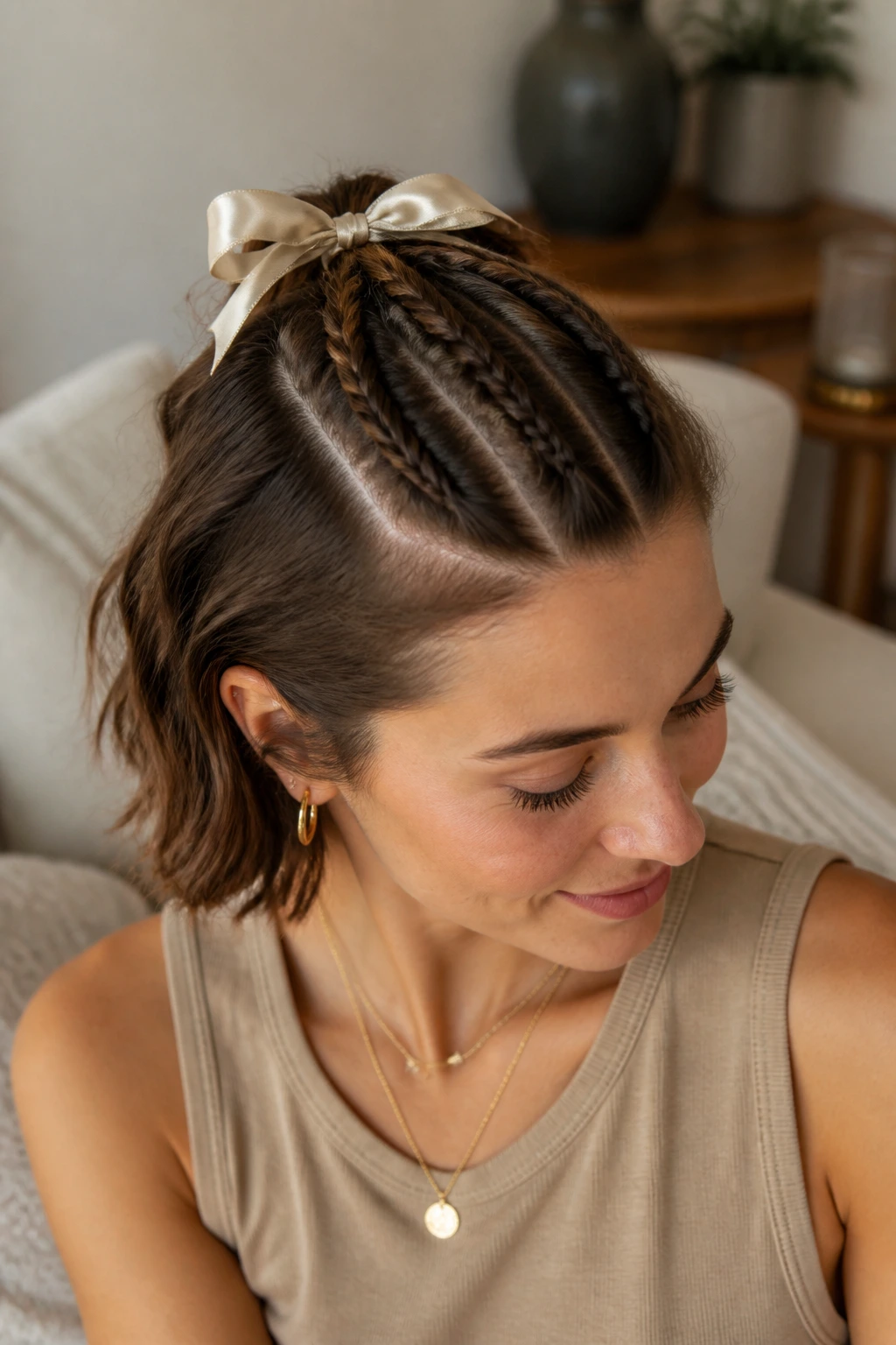 Close-up of The Triple-Threat Braid on a real woman with three braids and ribbon.