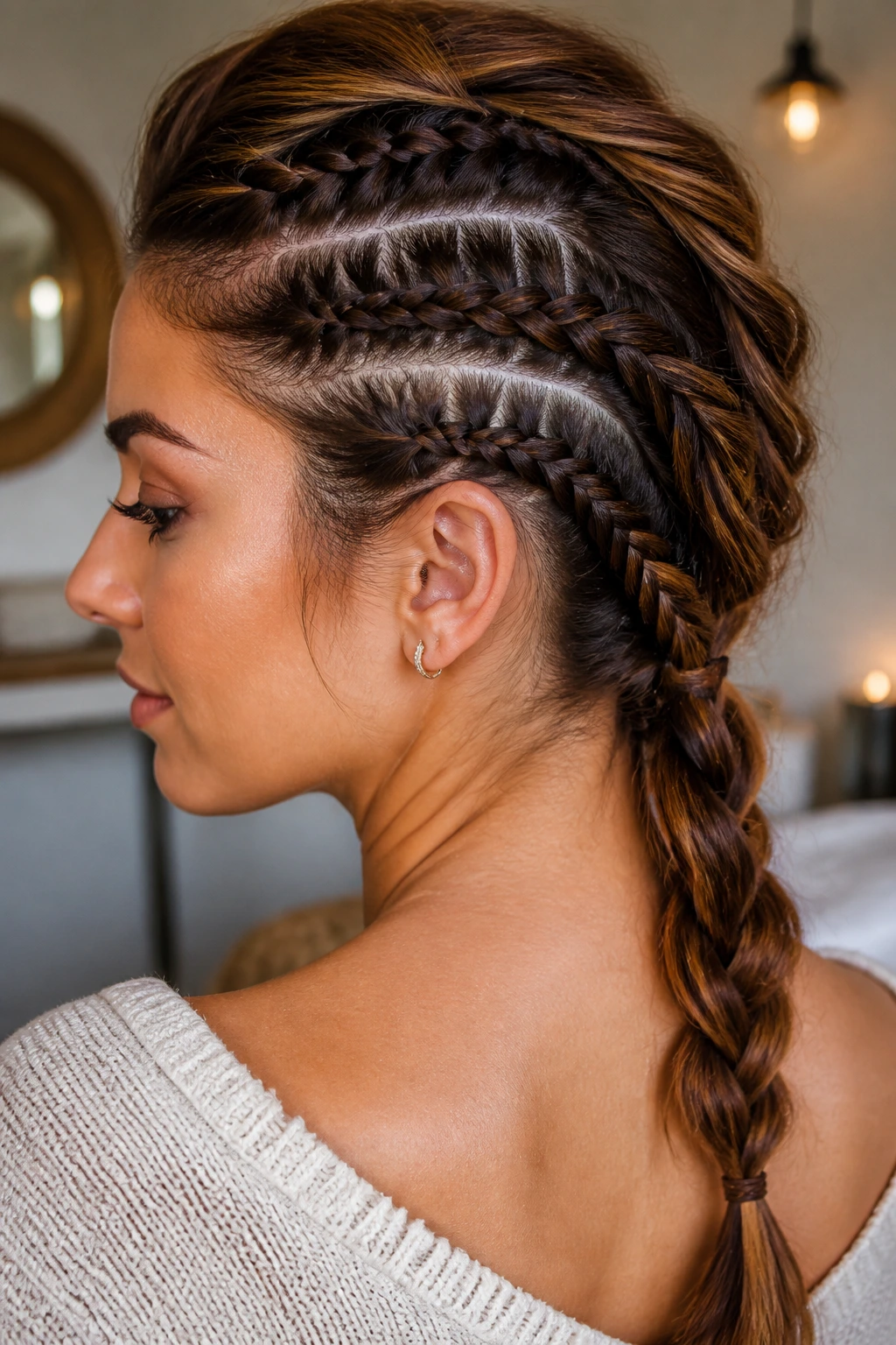 Close-up portrait of a real person showing three scalp braids on one side joined into a back braid