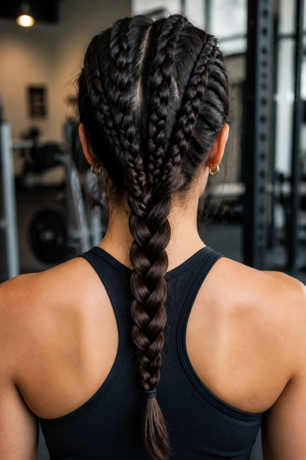 Back-of-head view showing three French braids merging into a single braid at the nape