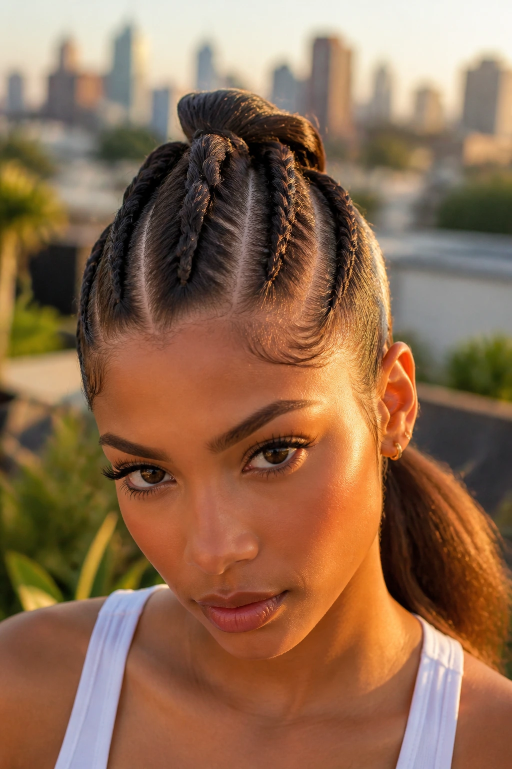 Close-up portrait of a real person with three vertical micro pony rows forming a mohawk silhouette