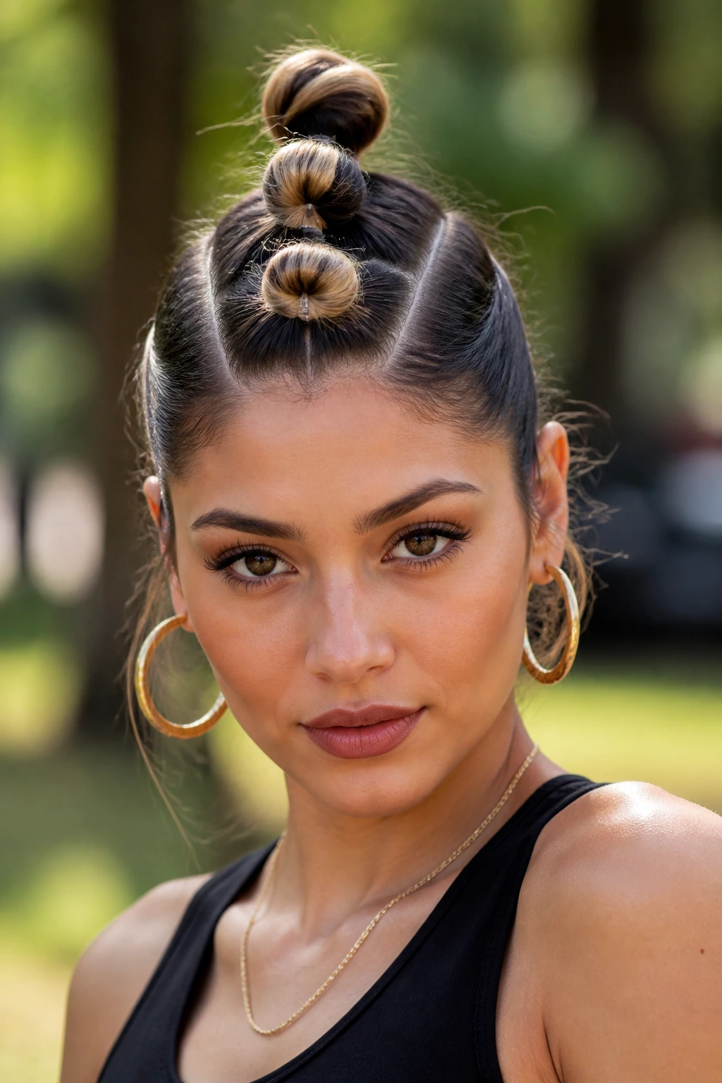Close-up of three top knots along the center of the head on a real person