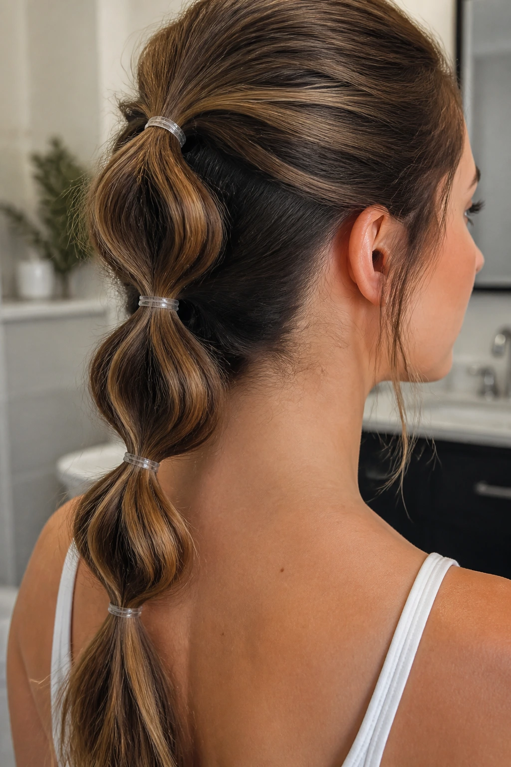Close-up of a real woman with a triple topsy-tail ponytail