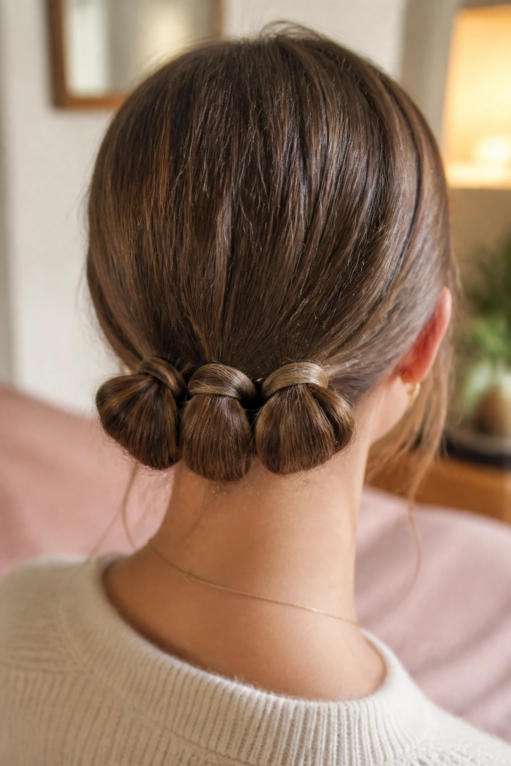 Back-of-head close-up showing three loops forming a triple-tucked low bun