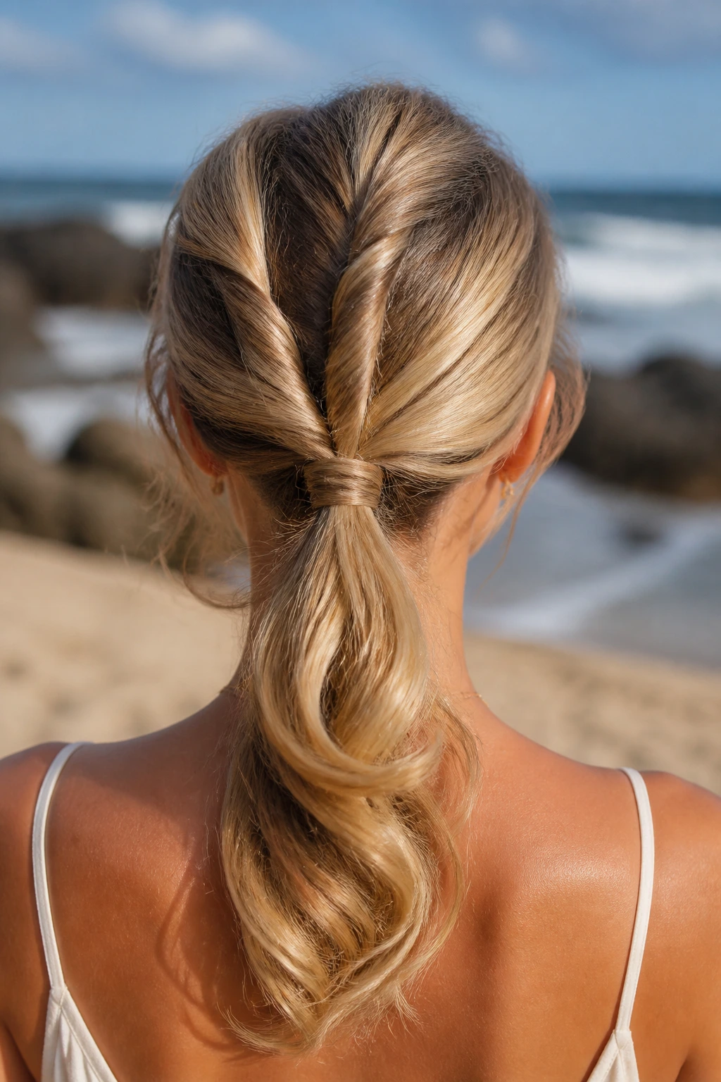 Back view of a woman with a triple-tucked low ponytail on the beach