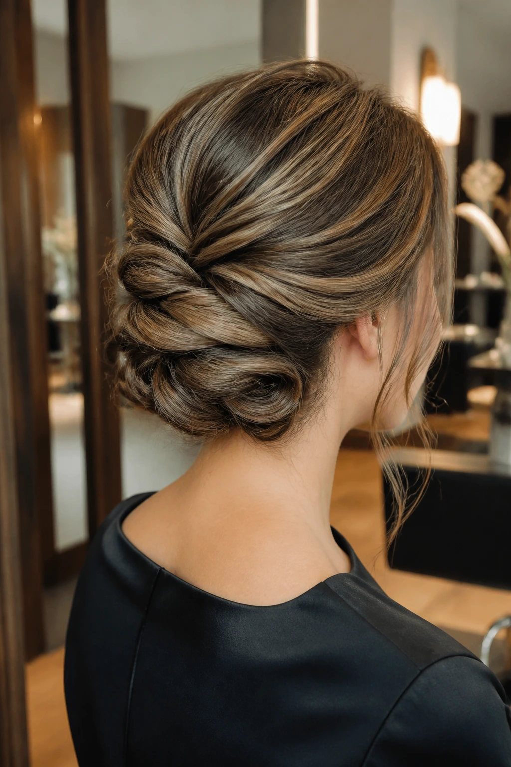 Close-up of a real woman displaying the three-twist chignon at the nape with pinned twists