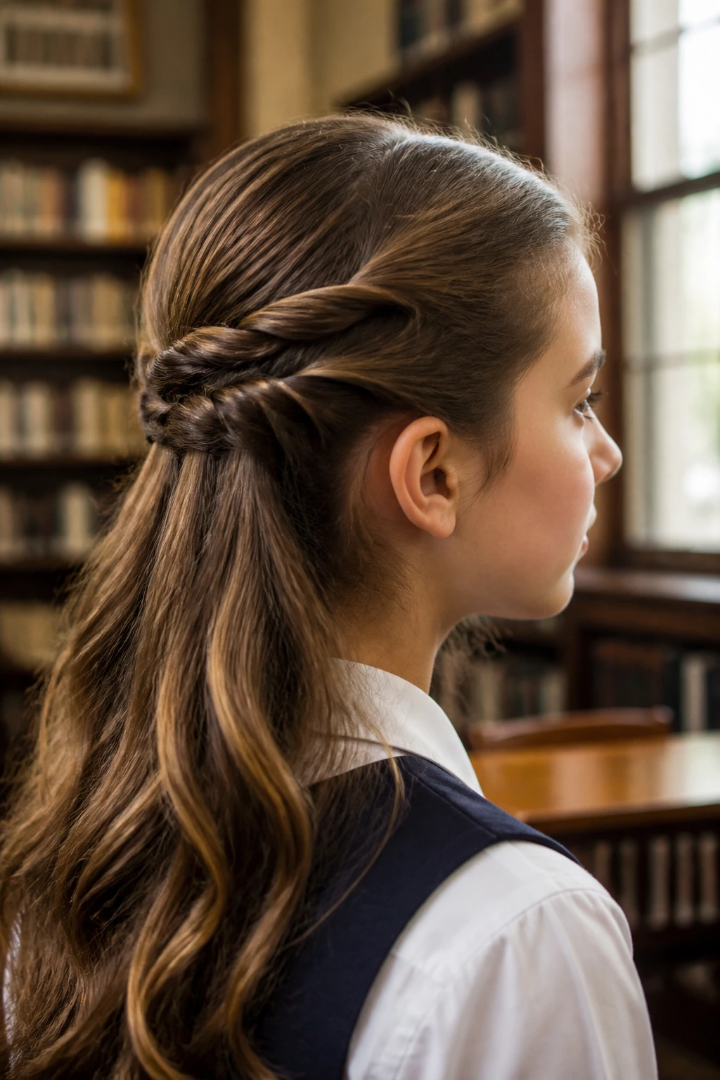 Close-up of triple-twist half-up hairstyle on real student in library