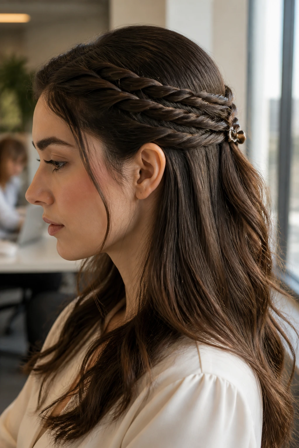 Close-up of a woman with ornate triple-twist half updo in an office