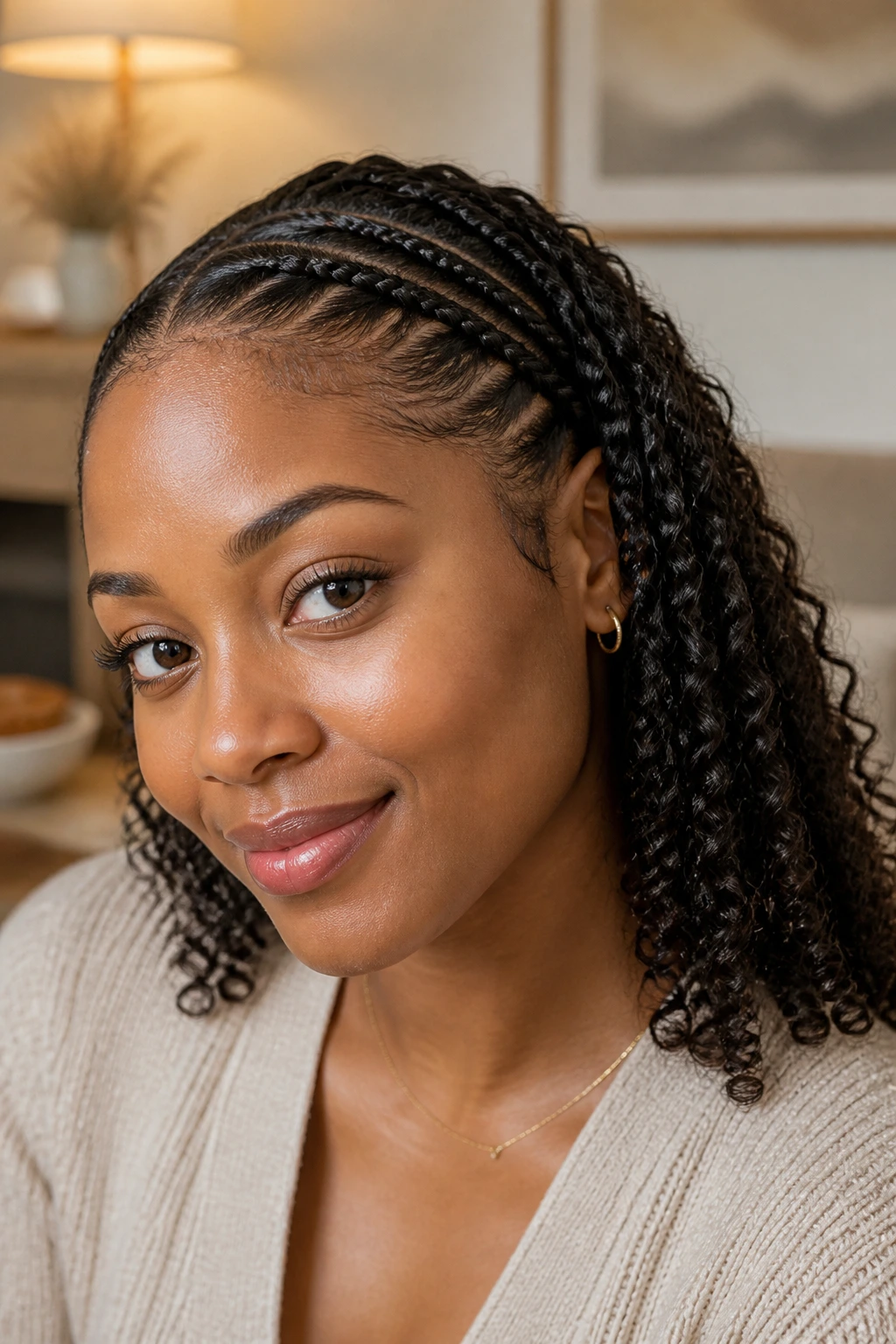 Close-up of a real woman with three small twists along the hairline behind the ear