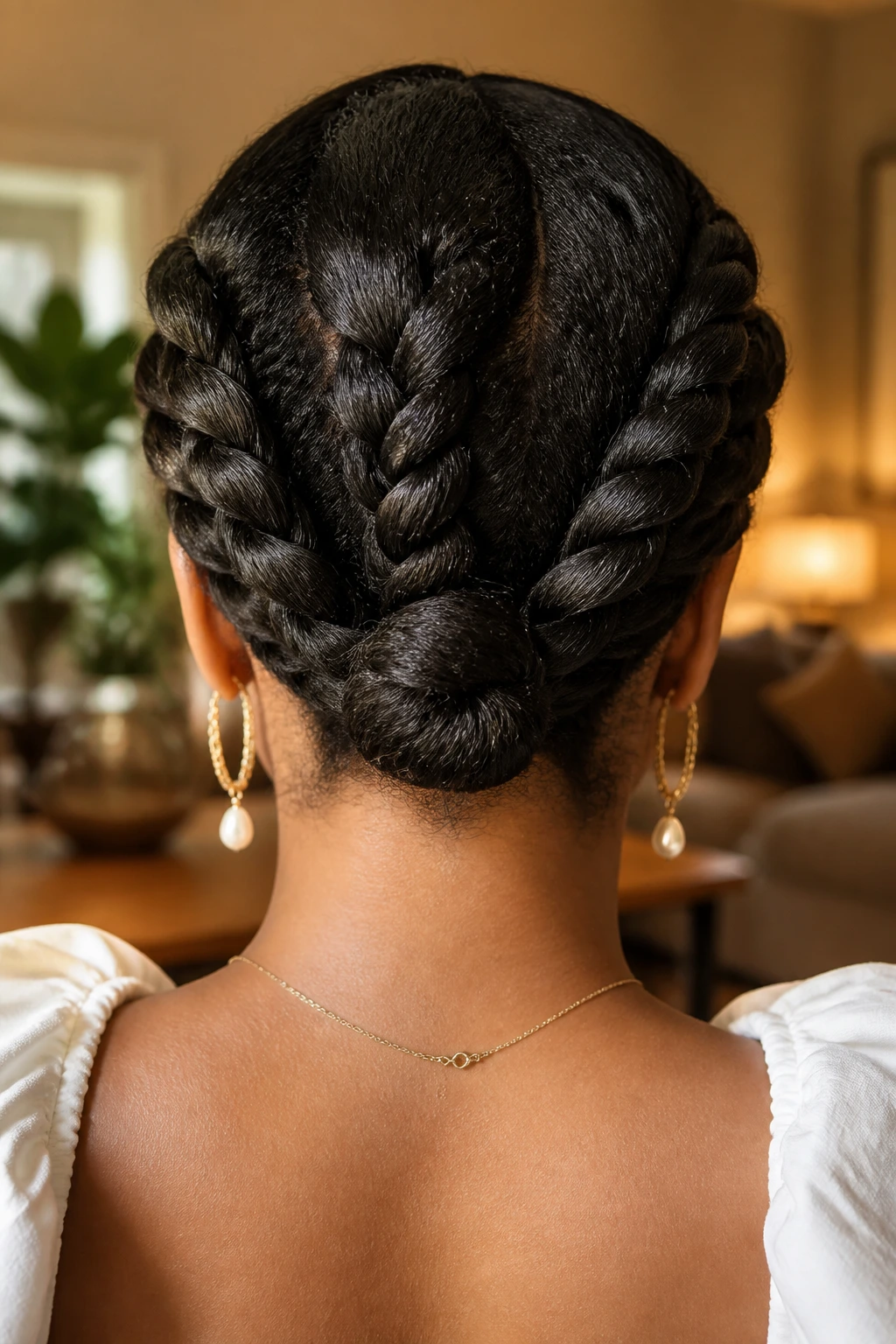 Back view of a real person wearing the triple-twist low crown hairstyle