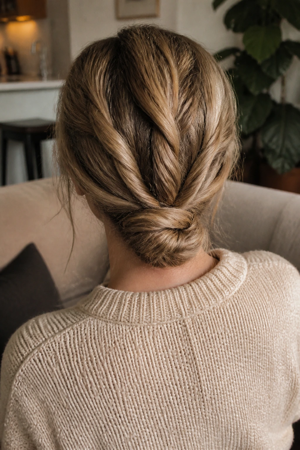 Back view of a real person showcasing a triple-twist low knot hairstyle