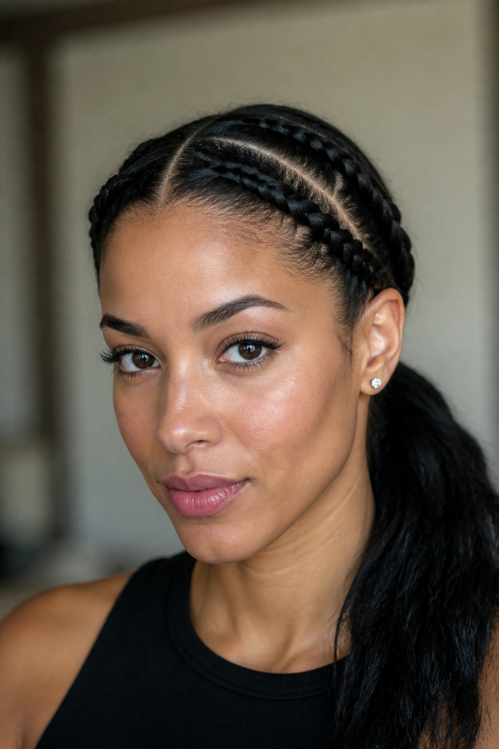 Close-up of a real woman with three twists into a low ponytail