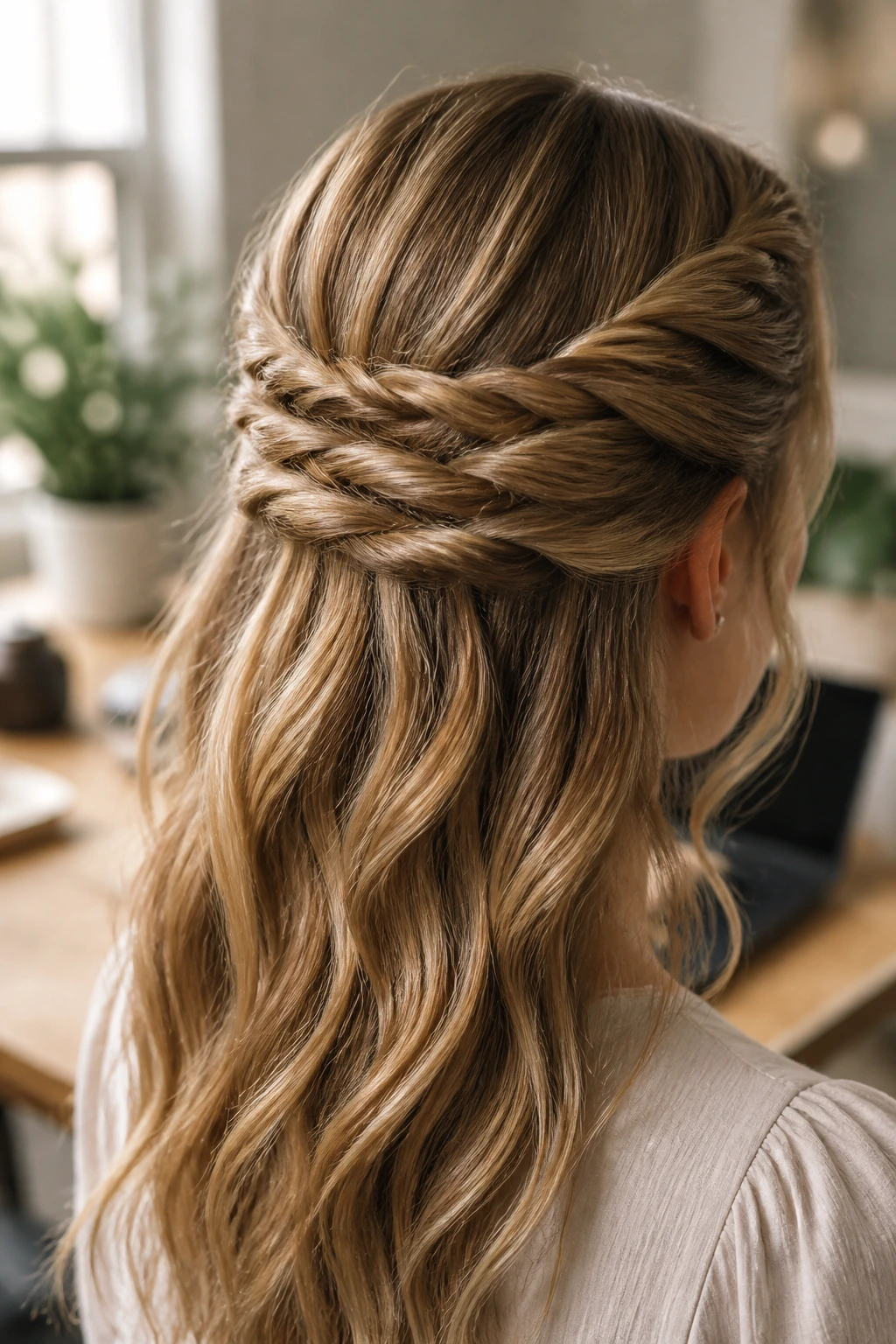 Close-up of a real person wearing a triple-twisted half-up crown hairstyle