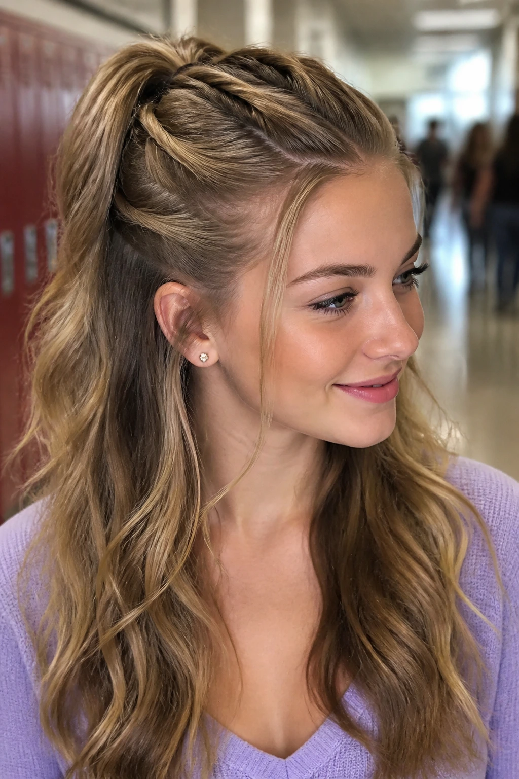 Head-and-shoulders view of triple twisted half-up pony on a real student