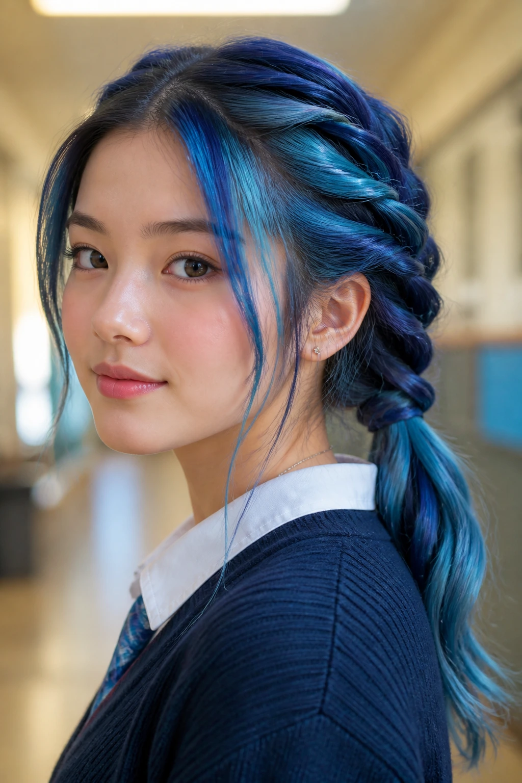 Close-up of a real person with triple twisted pigtails on the side and at the nape.