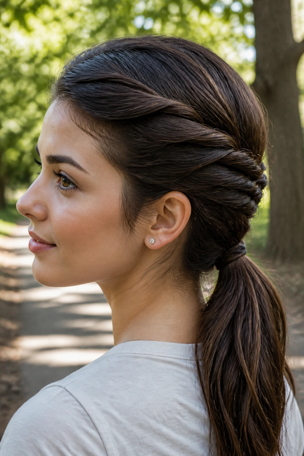 Portrait of a real person with a triple-twisted ponytail