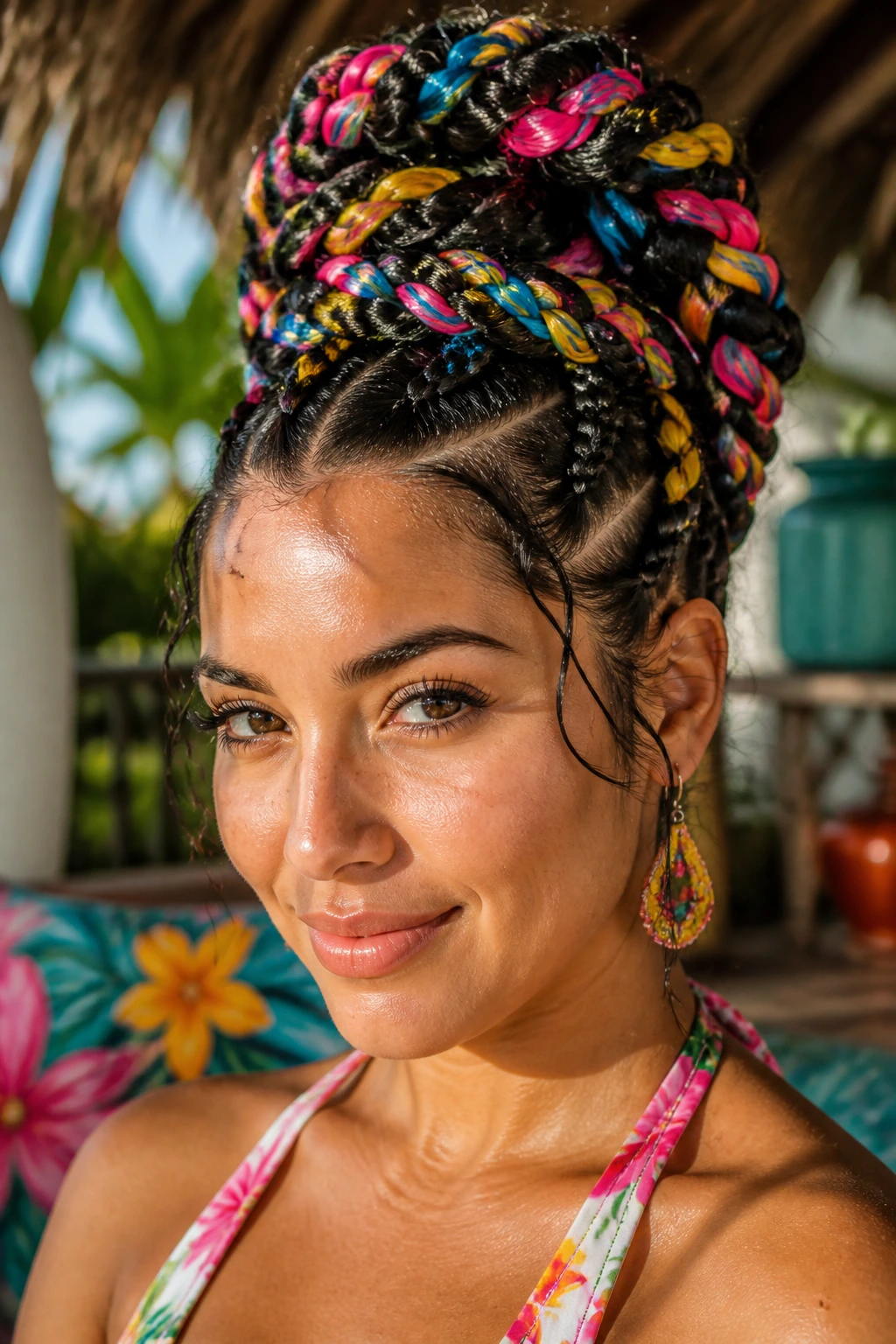 Close-up of a real woman with neon-thread braided updo in tropical outdoor light.