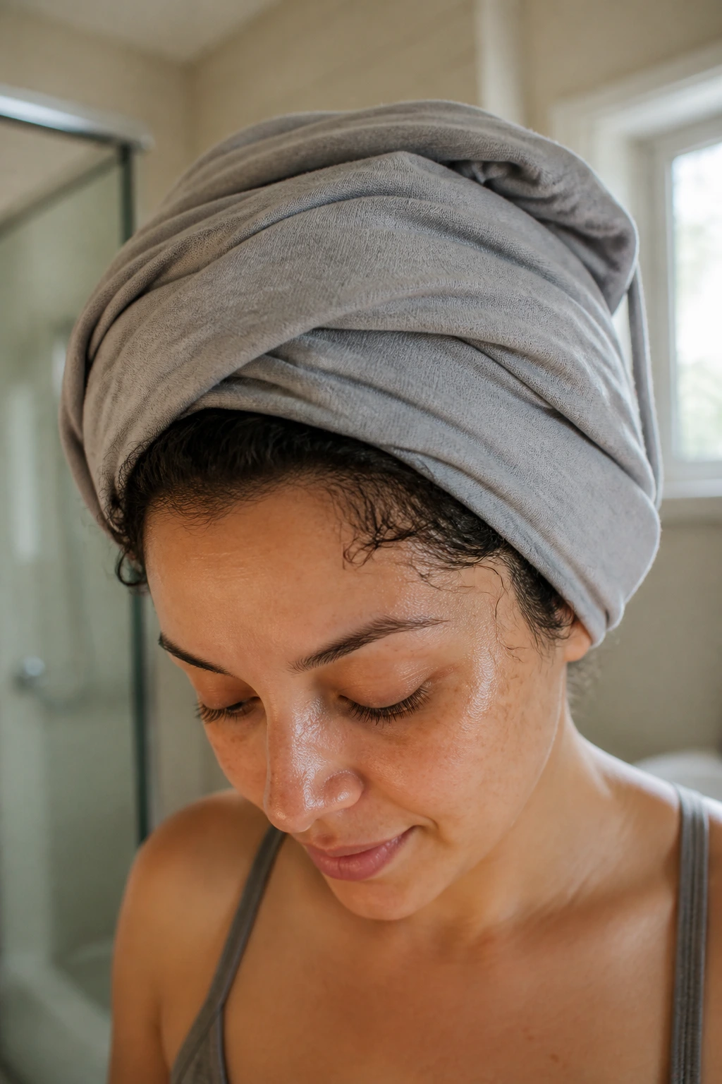 Close-up of a woman with hair wrapped in a T-shirt for the plopping drying method.