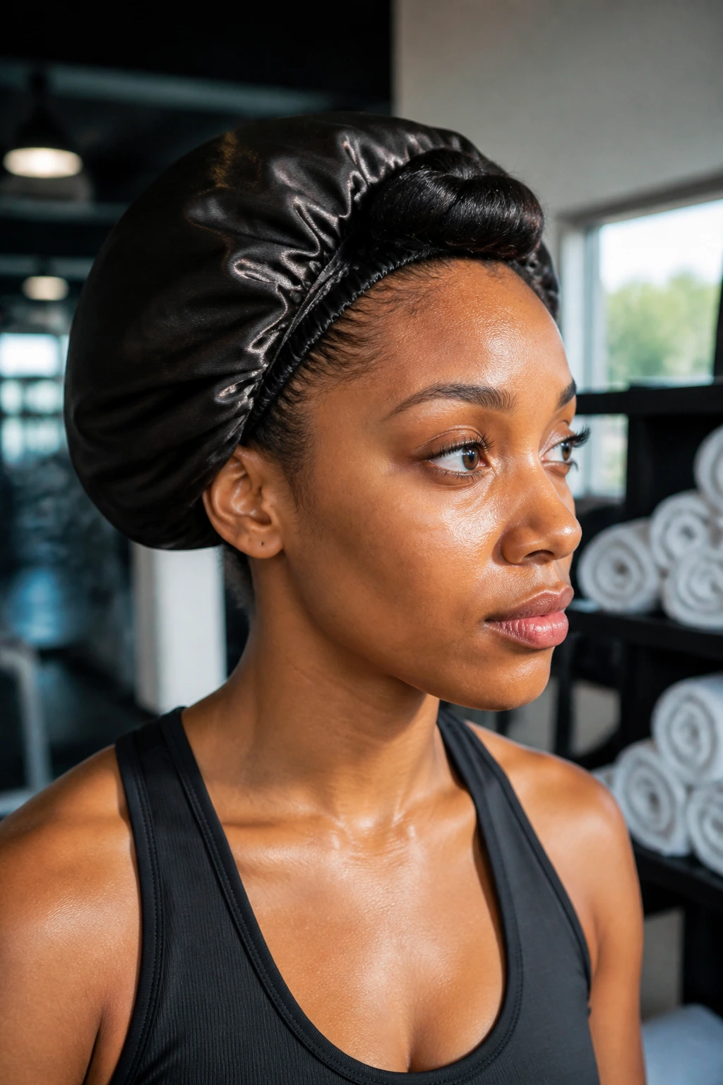 Close-up of front hair rolled and tucked under bonnet in gym